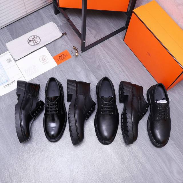 商品商标：Hermes 爱马仕 商务皮鞋 正码码数: 39-44 38.45.46订做 商品材料：精选优质荔纹牛皮鞋面 水染牛皮内里 原版大底